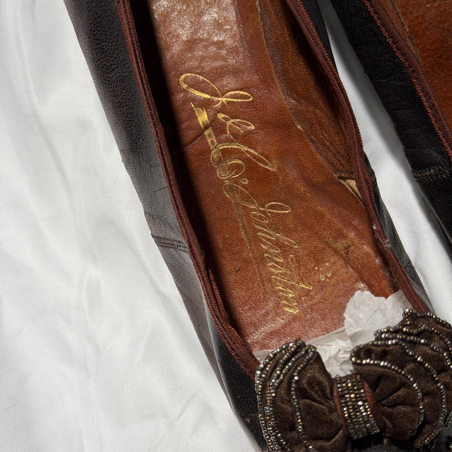 1800s Victorian Evening Slippers Shoes, J & Co JOHNSTON antique brown kidskin leather steel cut beads