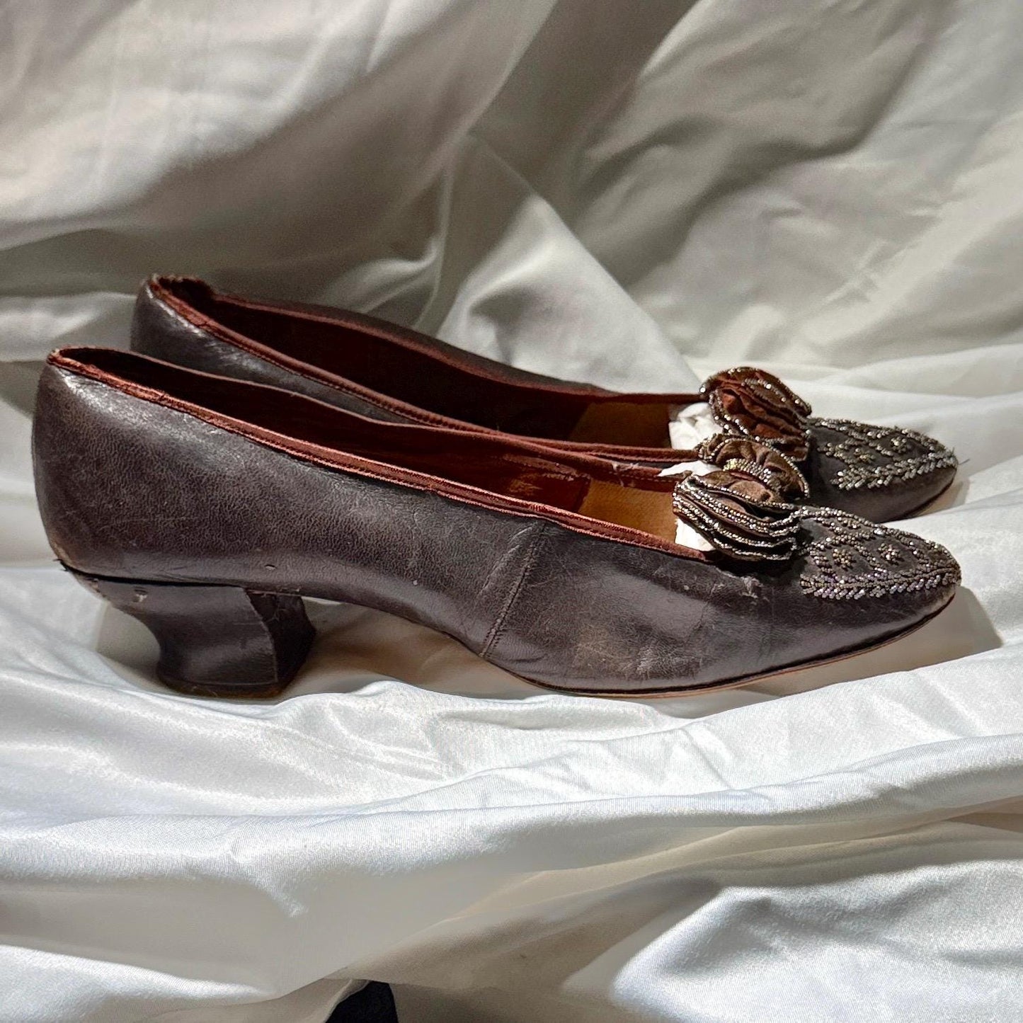 1800s Victorian Evening Slippers Shoes, J & Co JOHNSTON antique brown kidskin leather steel cut beads