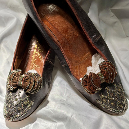 1800s Victorian Evening Slippers Shoes, J & Co JOHNSTON antique brown kidskin leather steel cut beads