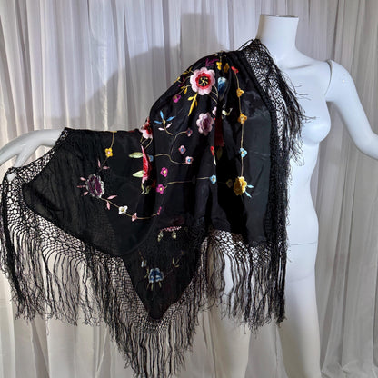 1960s Vintage Spanish Shawl, Black Embroidered Roses Fringe wrap, Piano shawl, 38 inches