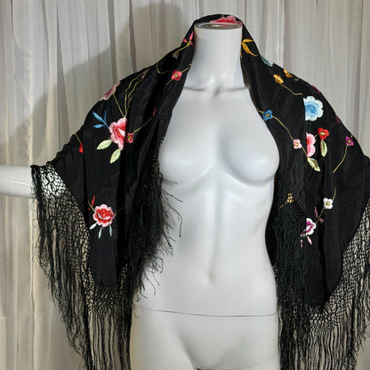 1960s Vintage Spanish Shawl, Black Embroidered Roses Fringe wrap, Piano shawl, 38 inches