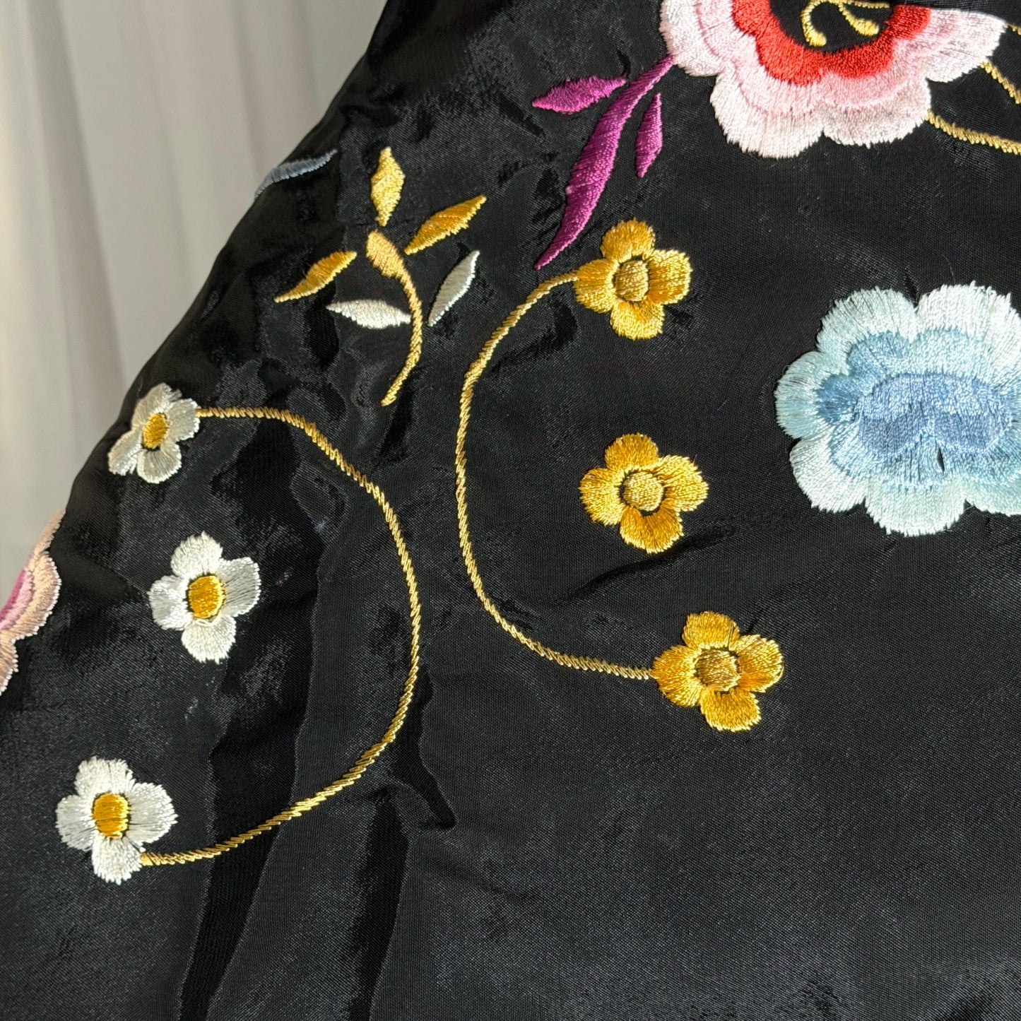 1960s Vintage Spanish Shawl, Black Embroidered Roses Fringe wrap, Piano shawl, 38 inches