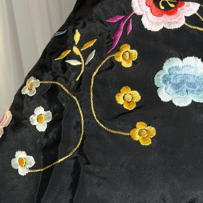 1960s Vintage Spanish Shawl, Black Embroidered Roses Fringe wrap, Piano shawl, 38 inches