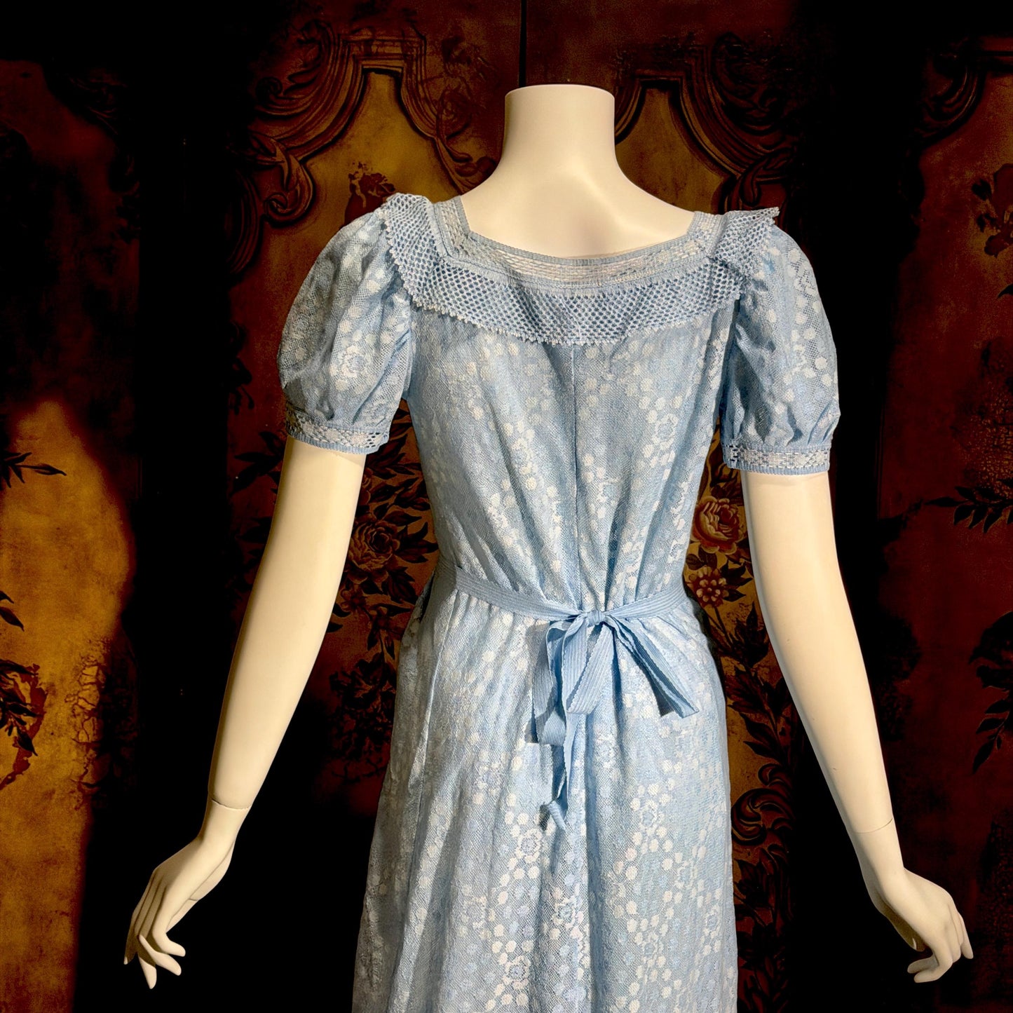 HANRO vintage nightgown maxi dress, Marshall Field & Co 1940s blue open knit house dress
