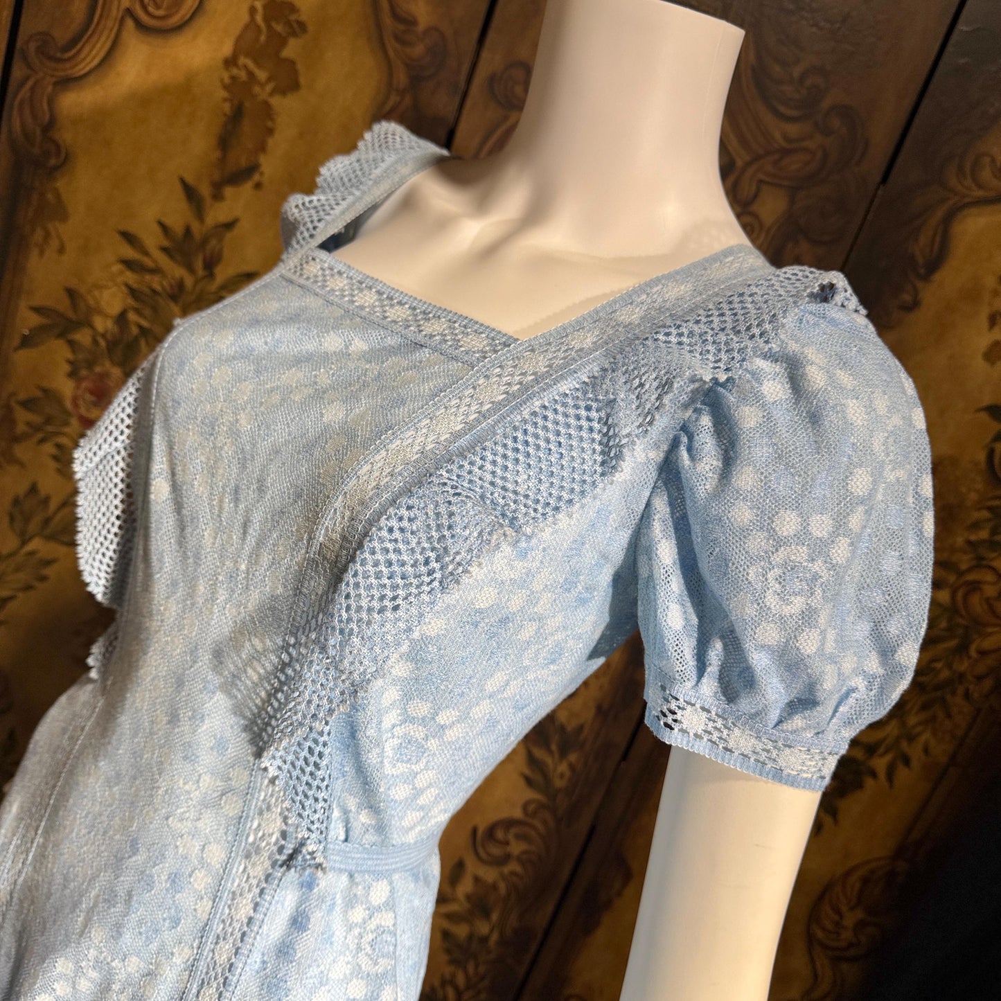 HANRO vintage nightgown maxi dress, Marshall Field & Co 1940s blue open knit house dress