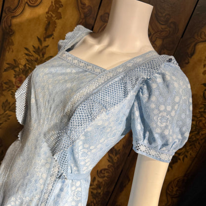 HANRO vintage nightgown maxi dress, Marshall Field & Co 1940s blue open knit house dress