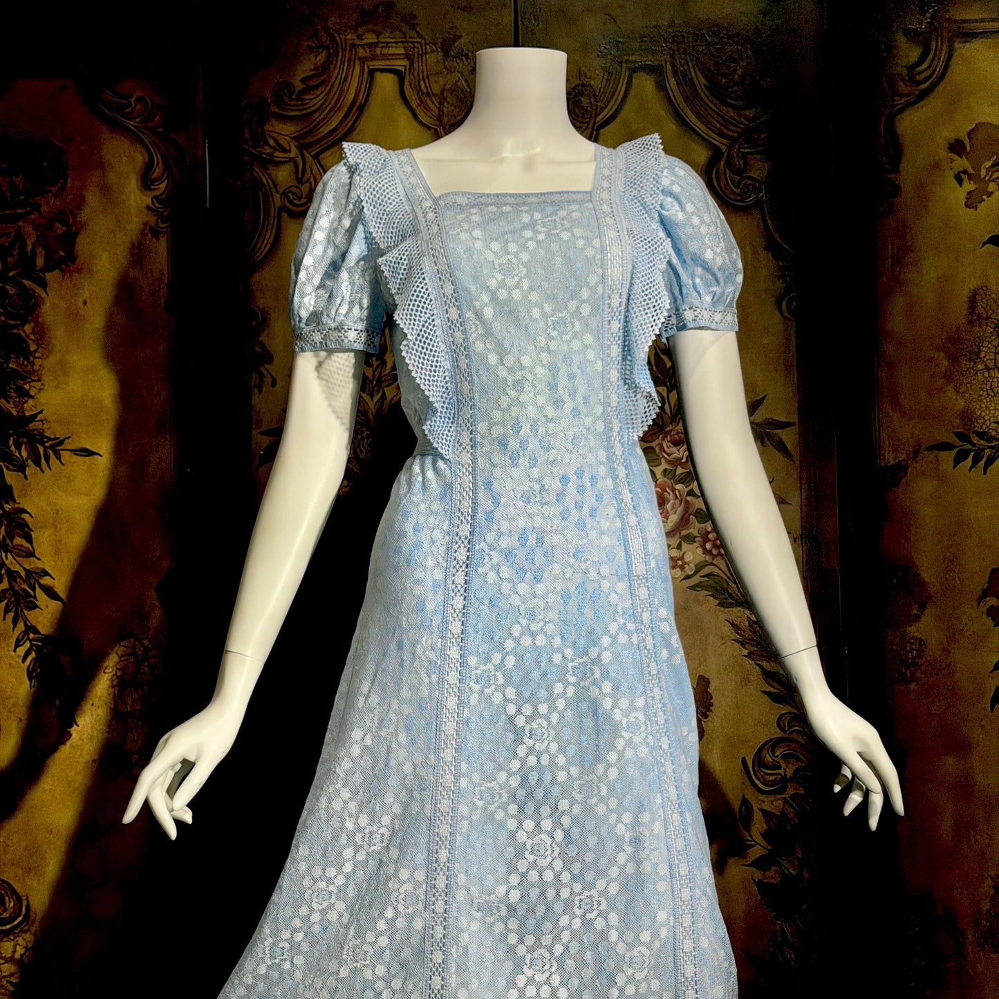 HANRO vintage nightgown maxi dress, Marshall Field & Co 1940s blue open knit house dress
