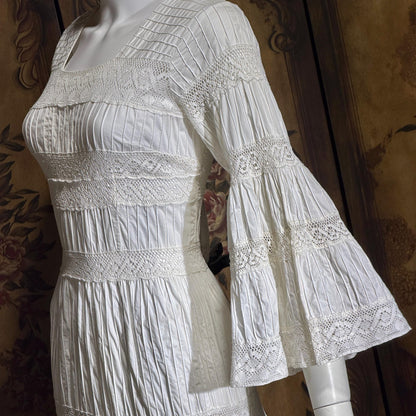 SUZANNA Vintage Mexican Wedding Dress, 1970s White Pin tuck cotton crochet bell sleeve maxi gown by Suzanna