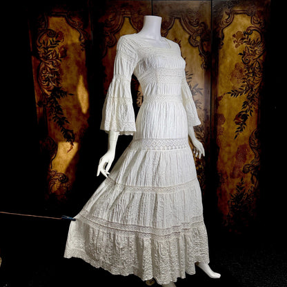 SUZANNA Vintage Mexican Wedding Dress, 1970s White Pin tuck cotton crochet bell sleeve maxi gown by Suzanna
