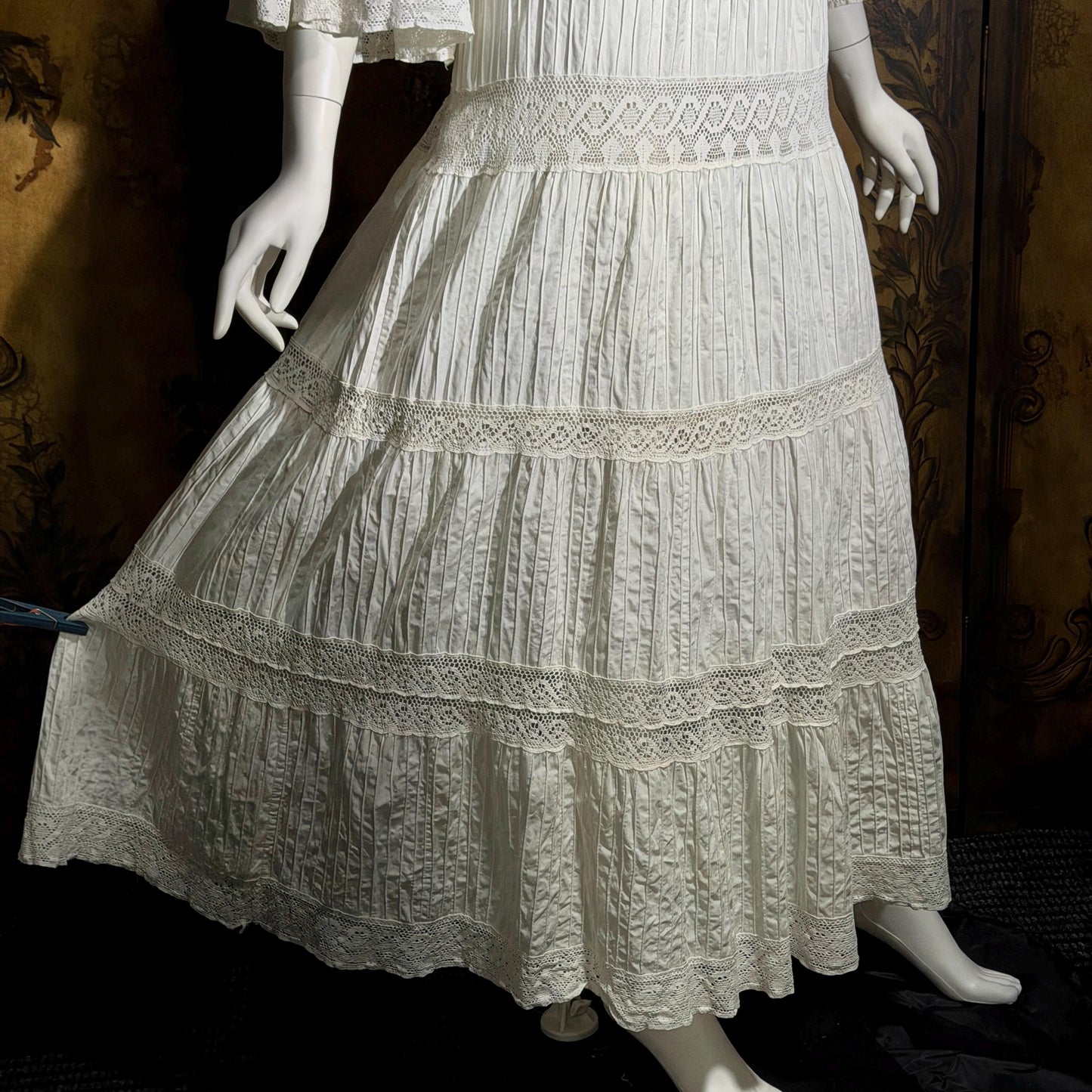 SUZANNA Vintage Mexican Wedding Dress, 1970s White Pin tuck cotton crochet bell sleeve maxi gown by Suzanna