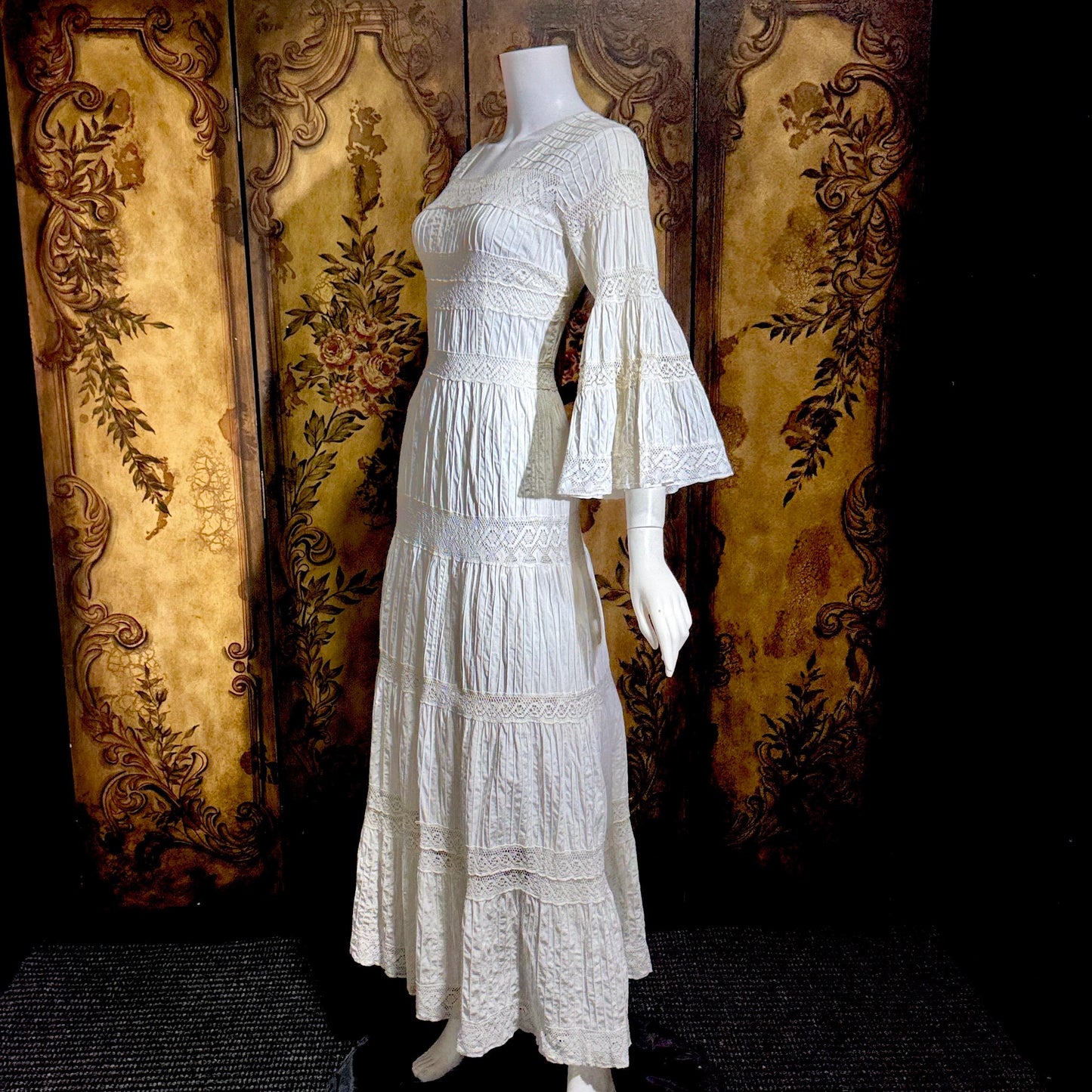 SUZANNA Vintage Mexican Wedding Dress, 1970s White Pin tuck cotton crochet bell sleeve maxi gown by Suzanna