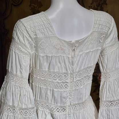 SUZANNA Vintage Mexican Wedding Dress, 1970s White Pin tuck cotton crochet bell sleeve maxi gown by Suzanna