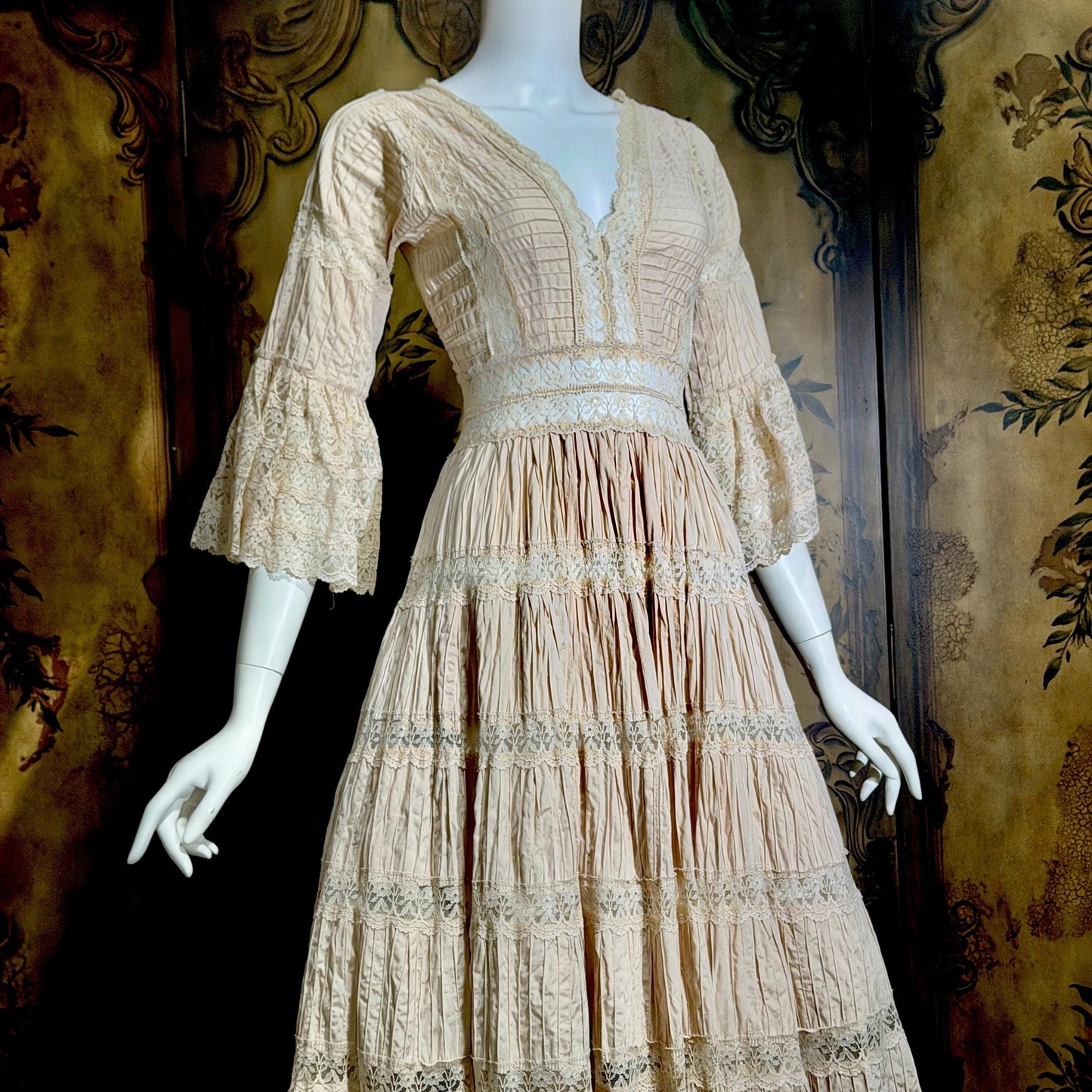 1970s Vintage Mexican Wedding Dress, Dusty Pink Blush Pin tuck cotton crochet bell sleeve maxi gown