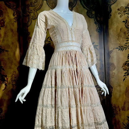 1970s Vintage Mexican Wedding Dress, Dusty Pink Blush Pin tuck cotton crochet bell sleeve maxi gown