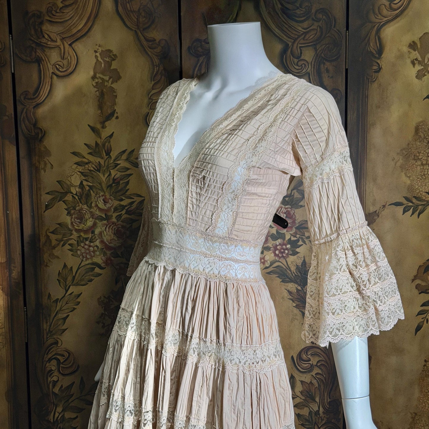 1970s Vintage Mexican Wedding Dress, Dusty Pink Blush Pin tuck cotton crochet bell sleeve maxi gown