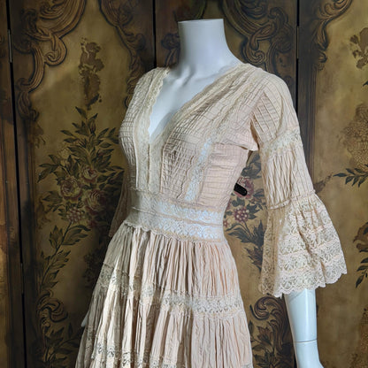 1970s Vintage Mexican Wedding Dress, Dusty Pink Blush Pin tuck cotton crochet bell sleeve maxi gown