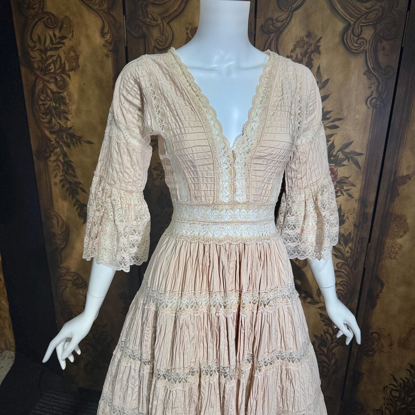 1970s Vintage Mexican Wedding Dress, Dusty Pink Blush Pin tuck cotton crochet bell sleeve maxi gown