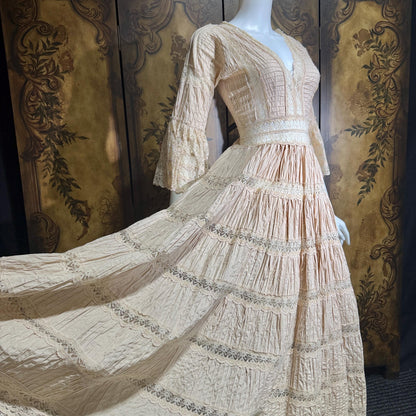 1970s Vintage Mexican Wedding Dress, Dusty Pink Blush Pin tuck cotton crochet bell sleeve maxi gown