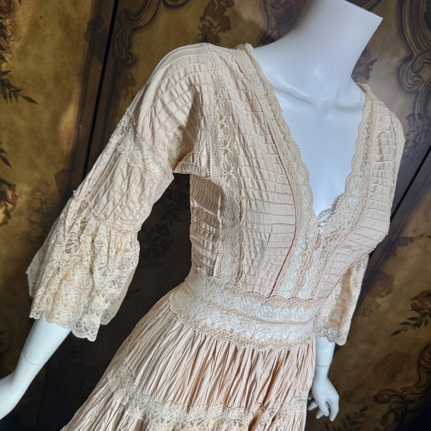 1970s Vintage Mexican Wedding Dress, Dusty Pink Blush Pin tuck cotton crochet bell sleeve maxi gown