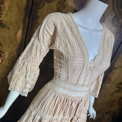 1970s Vintage Mexican Wedding Dress, Dusty Pink Blush Pin tuck cotton crochet bell sleeve maxi gown