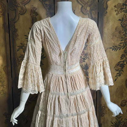 1970s Vintage Mexican Wedding Dress, Dusty Pink Blush Pin tuck cotton crochet bell sleeve maxi gown