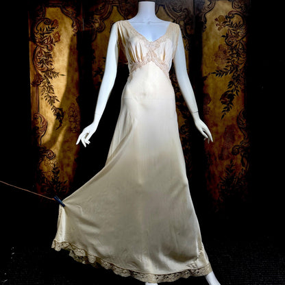 FISCHER vintage nightgown, PURE SILK 1930s Champagne bias cut lingerie slip dress