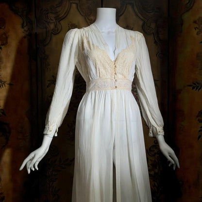 1930s vintage dressing gown robe, sheer off white shadow stripe peignoir housecoat