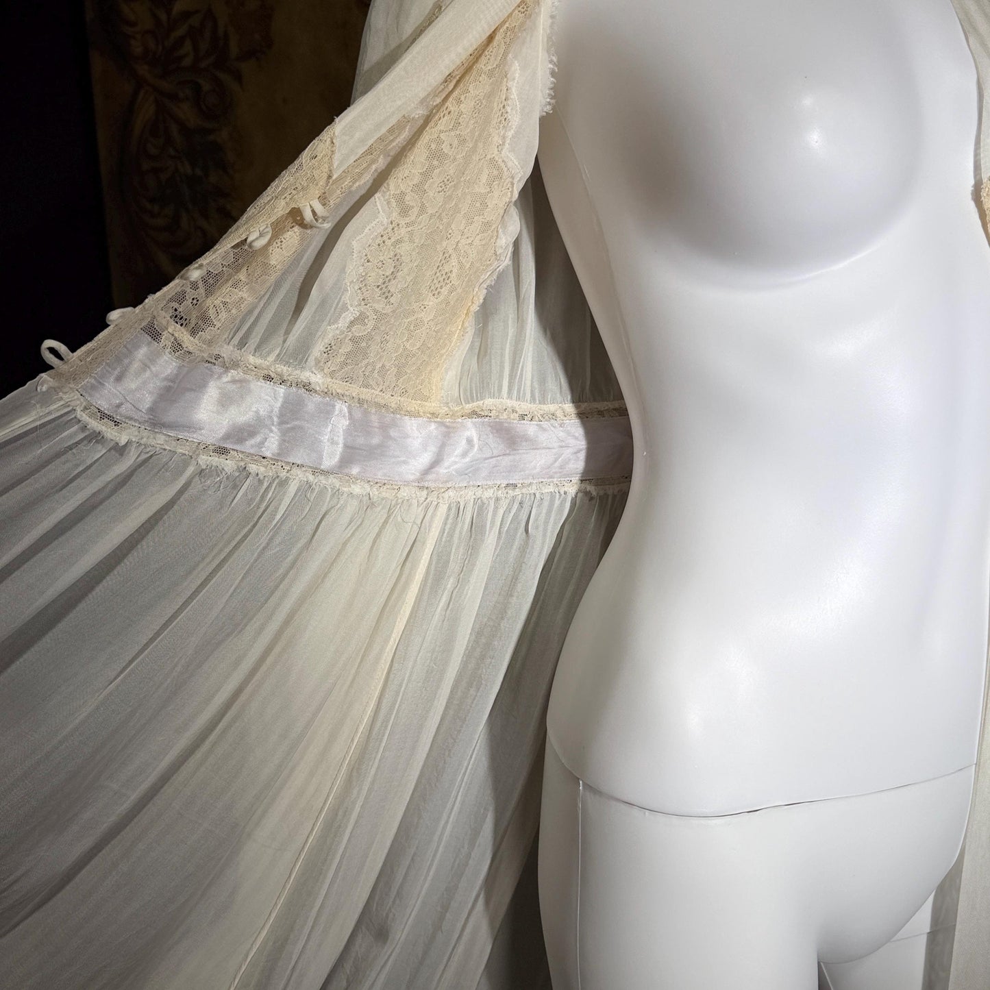 1930s vintage dressing gown robe, sheer off white shadow stripe peignoir housecoat