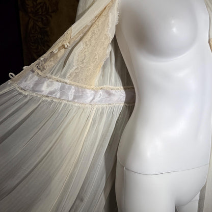 1930s vintage dressing gown robe, sheer off white shadow stripe peignoir housecoat