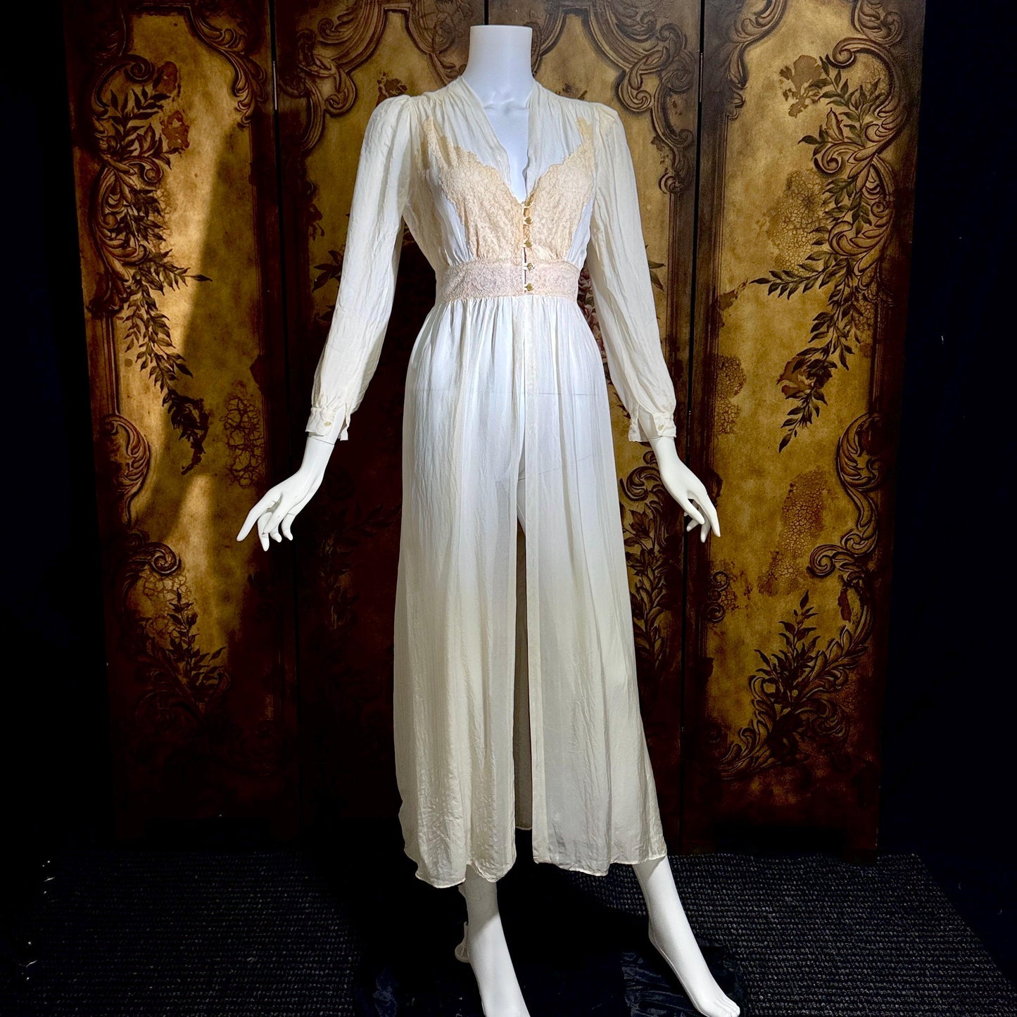 1930s vintage dressing gown robe, sheer off white shadow stripe peignoir housecoat