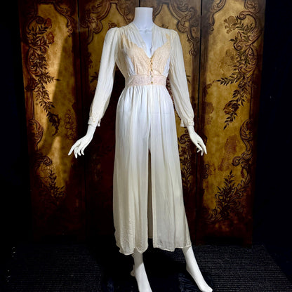 1930s vintage dressing gown robe, sheer off white shadow stripe peignoir housecoat
