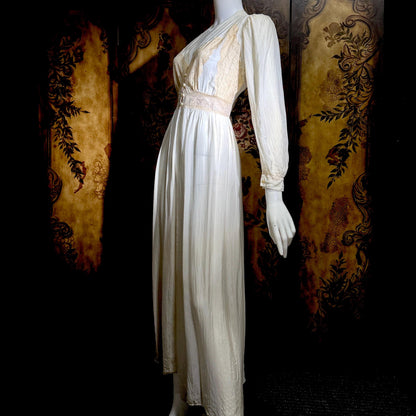 1930s vintage dressing gown robe, sheer off white shadow stripe peignoir housecoat