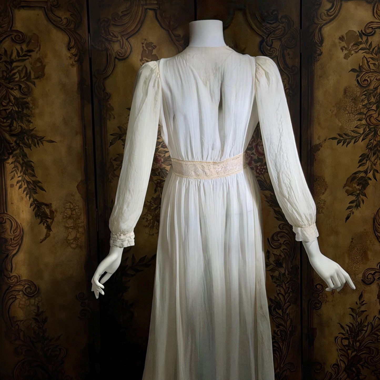 1930s vintage dressing gown robe, sheer off white shadow stripe peignoir housecoat