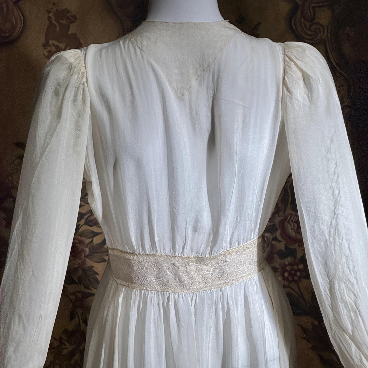 1930s vintage dressing gown robe, sheer off white shadow stripe peignoir housecoat