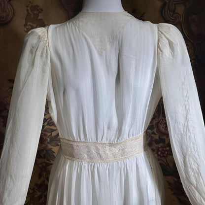 1930s vintage dressing gown robe, sheer off white shadow stripe peignoir housecoat