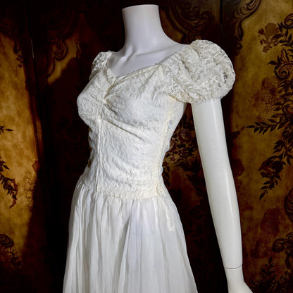 1940s Vintage White Dress, Sheer white lace and chiffon Nylon lingerie dress