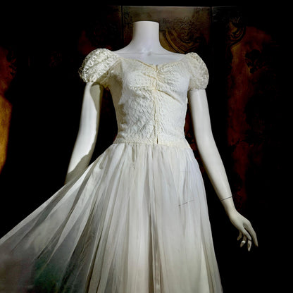 1940s Vintage White Dress, Sheer white lace and chiffon Nylon lingerie dress