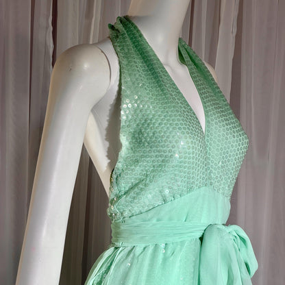 ESTEVEZ vintage 1970s evening jumpsuit, Disco Studio 54 Sea foam Green cocktail sequin halter jumpsuit