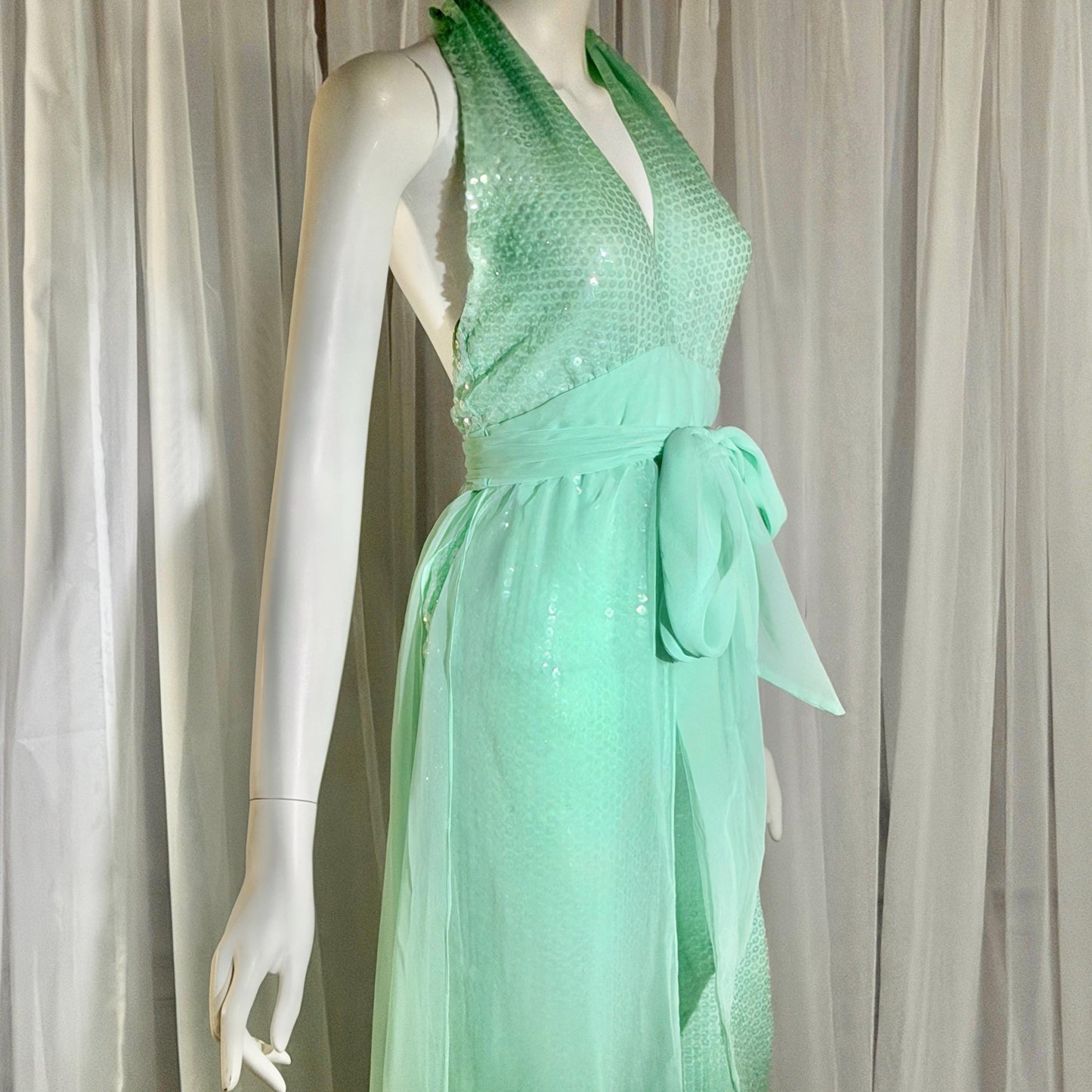 ESTEVEZ vintage 1970s evening jumpsuit, Disco Studio 54 Sea foam Green cocktail sequin halter jumpsuit