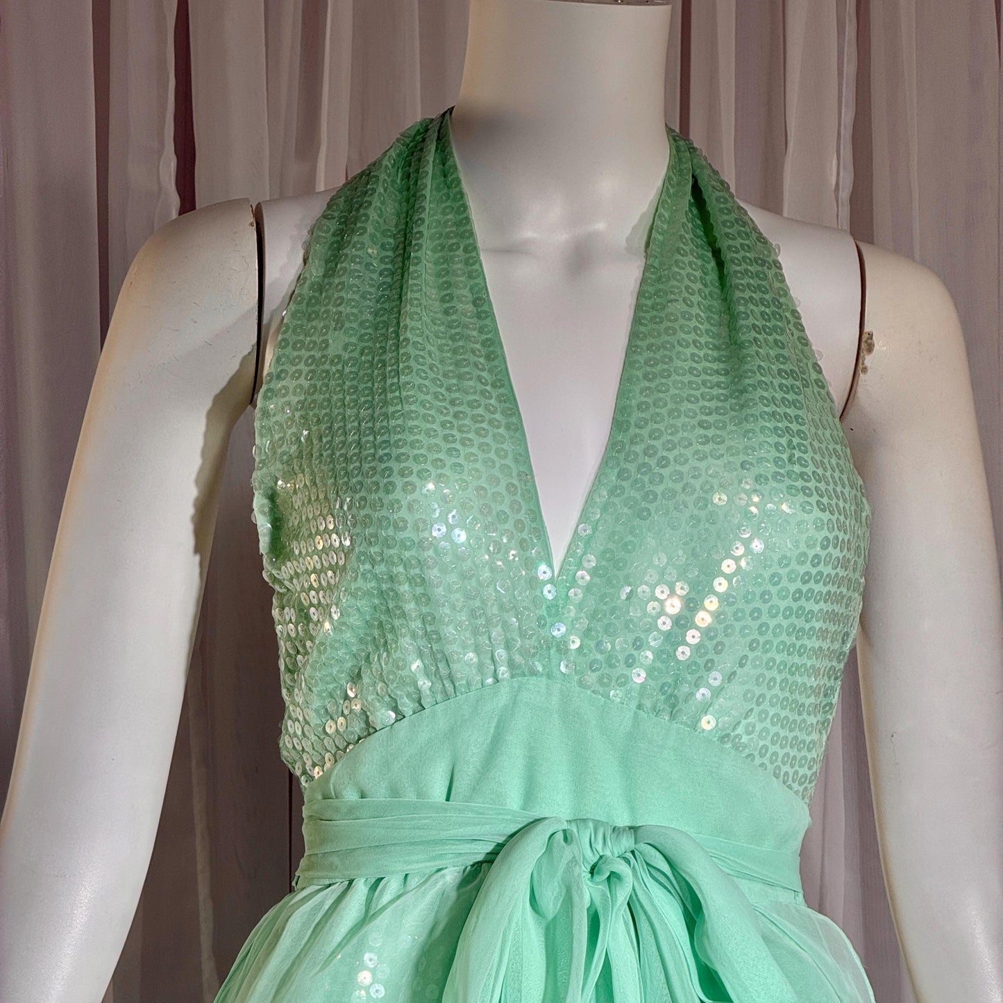 ESTEVEZ vintage 1970s evening jumpsuit, Disco Studio 54 Sea foam Green cocktail sequin halter jumpsuit