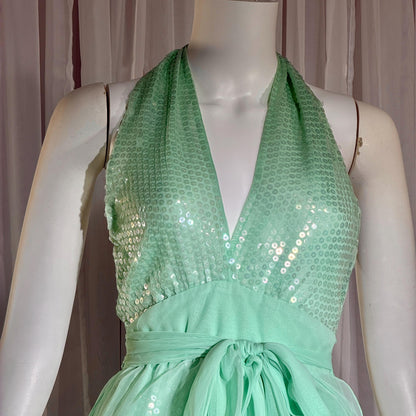 ESTEVEZ vintage 1970s evening jumpsuit, Disco Studio 54 Sea foam Green cocktail sequin halter jumpsuit