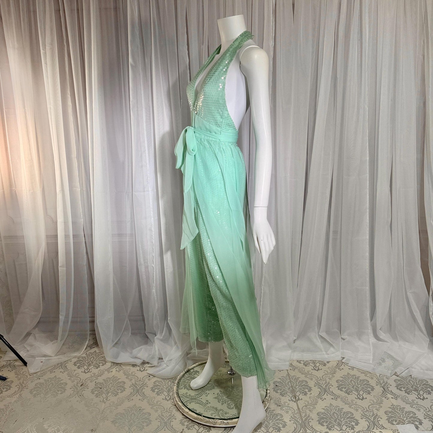 ESTEVEZ vintage 1970s evening jumpsuit, Disco Studio 54 Sea foam Green cocktail sequin halter jumpsuit