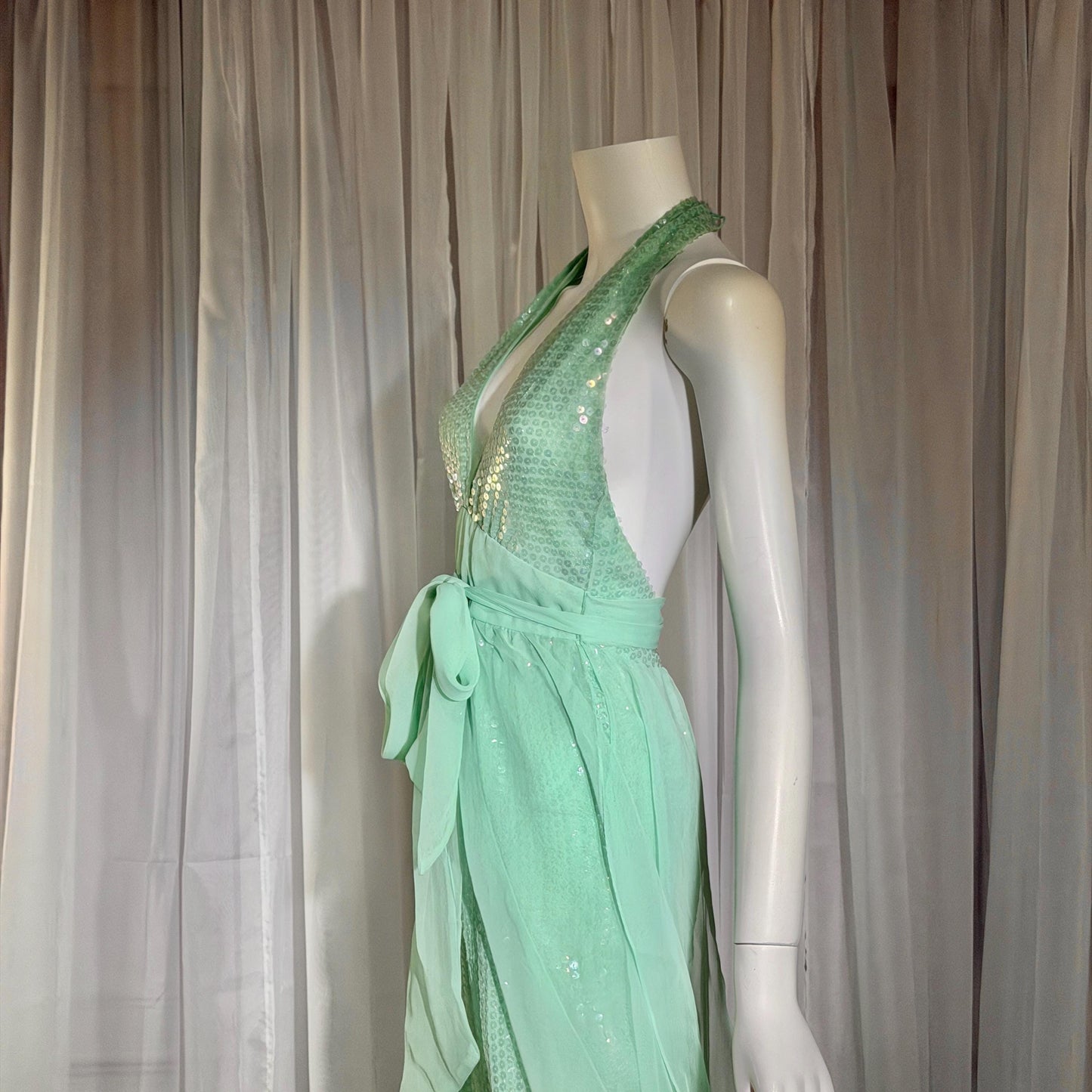 ESTEVEZ vintage 1970s evening jumpsuit, Disco Studio 54 Sea foam Green cocktail sequin halter jumpsuit