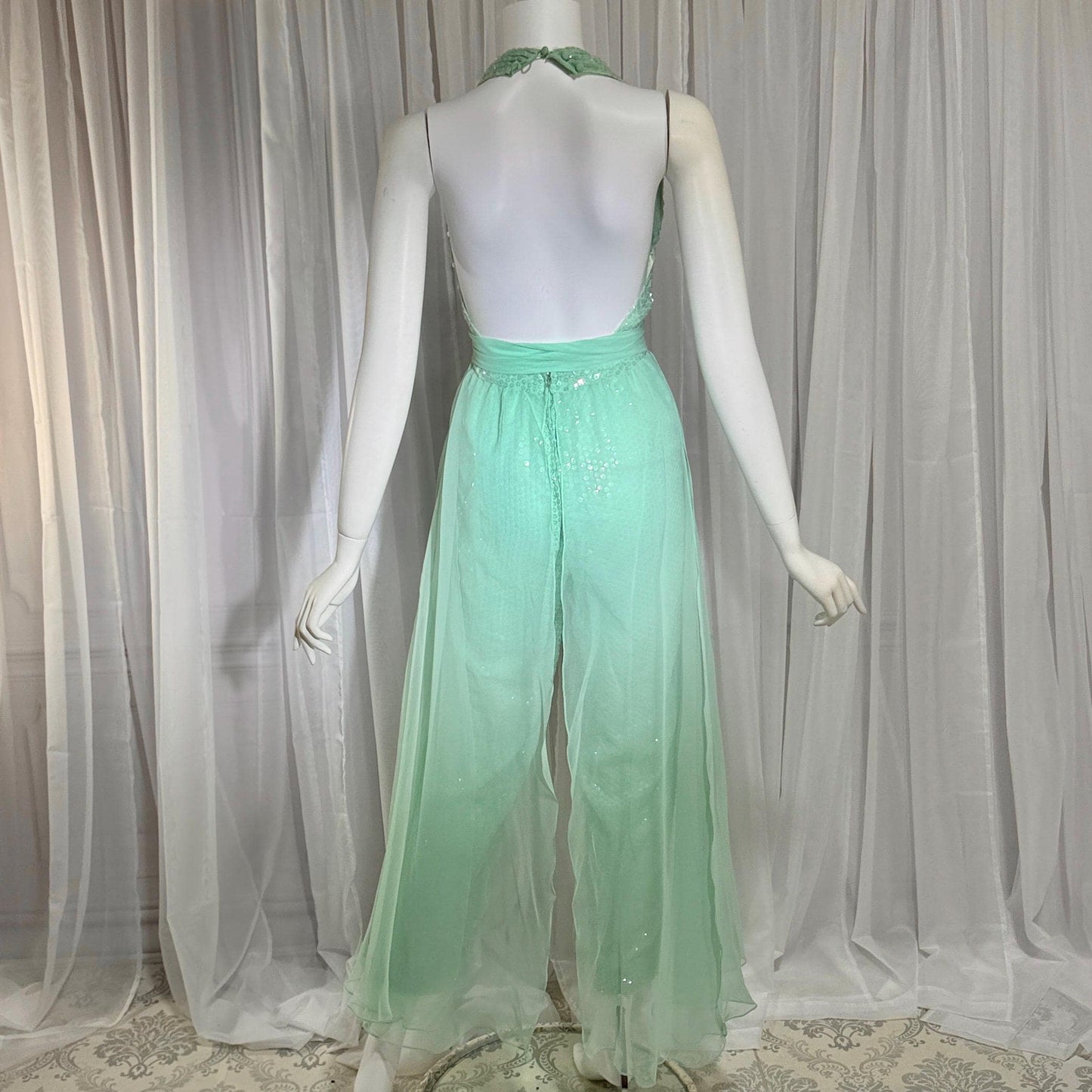 ESTEVEZ vintage 1970s evening jumpsuit, Disco Studio 54 Sea foam Green cocktail sequin halter jumpsuit