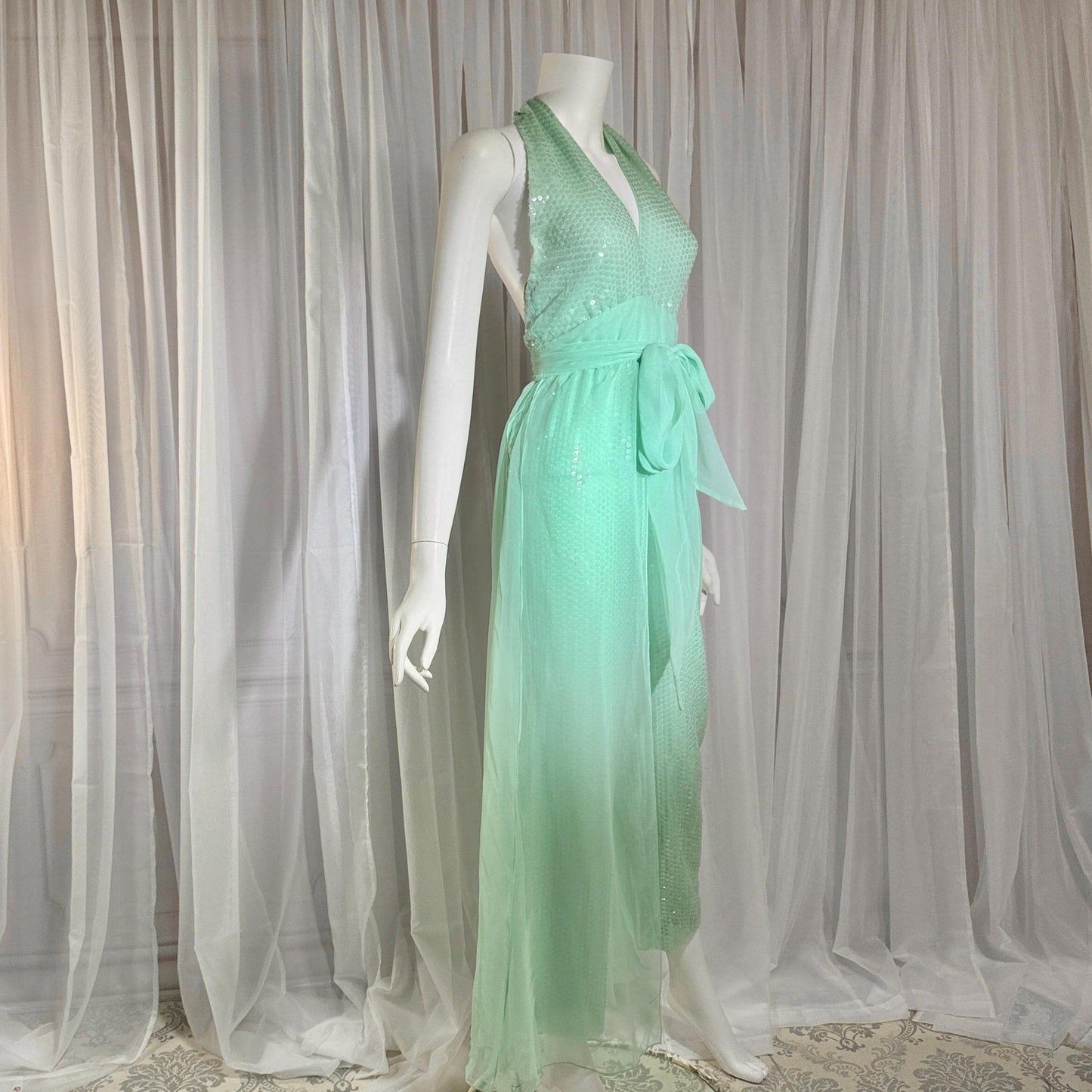 ESTEVEZ vintage 1970s evening jumpsuit, Disco Studio 54 Sea foam Green cocktail sequin halter jumpsuit