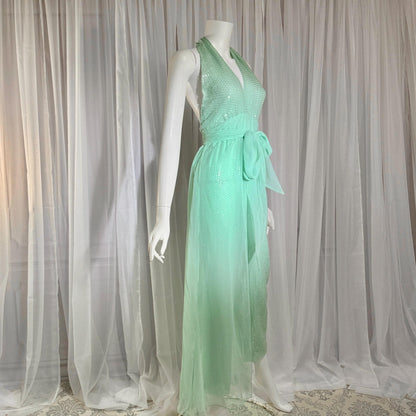 ESTEVEZ vintage 1970s evening jumpsuit, Disco Studio 54 Sea foam Green cocktail sequin halter jumpsuit