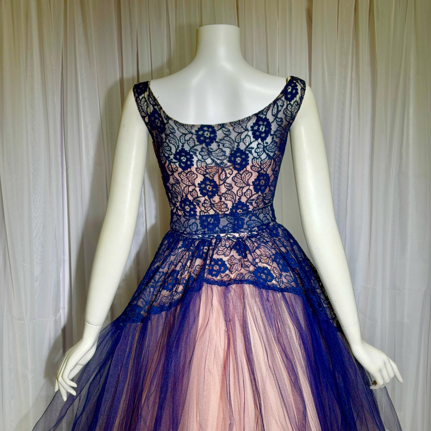 WILL STEINMAN vintage 1950s party dress, Navy blue and Pink lace and net cupcake short cocktail dress