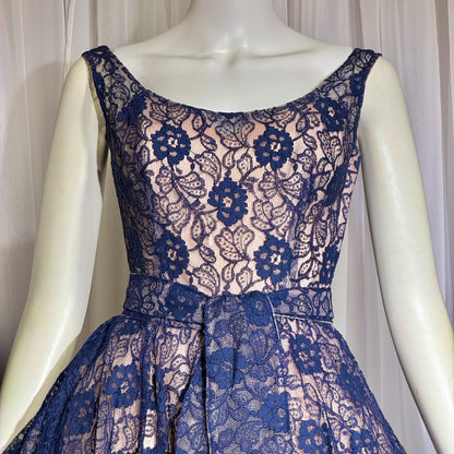WILL STEINMAN vintage 1950s party dress, Navy blue and Pink lace and net cupcake short cocktail dress