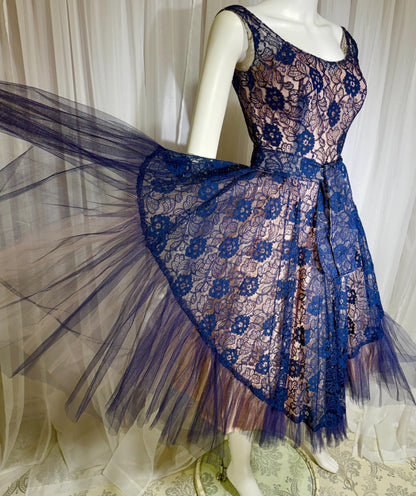 WILL STEINMAN vintage 1950s party dress, Navy blue and Pink lace and net cupcake short cocktail dress