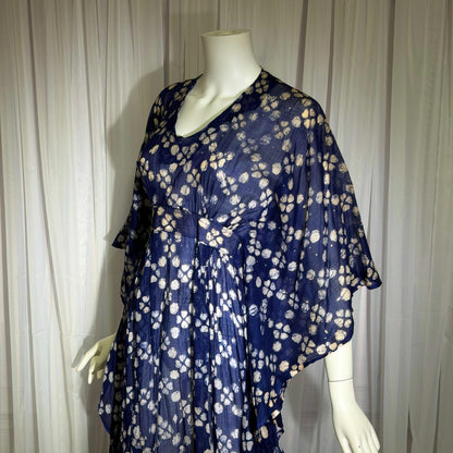 1970s Vintage Cotton Gauze Caftan Dress, Midnight Blue Batik Hippie Boho Maxi